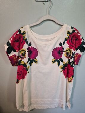 Anthropologie White Tee with Pink Rose Print